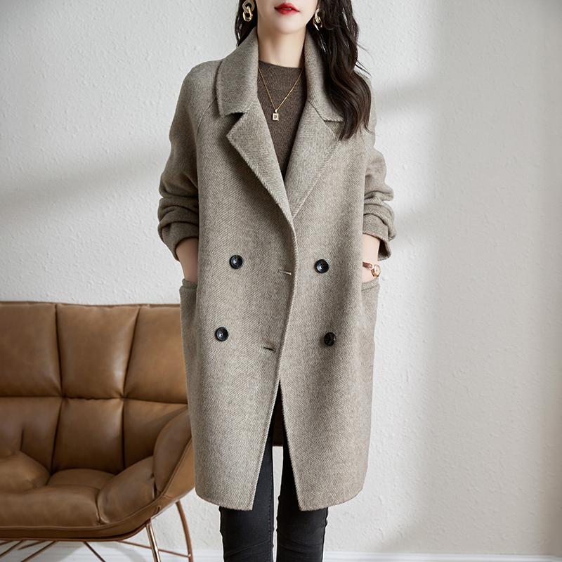 

Women Grey Wool Blend Coat Double Breasted Mid Length Winter Fall Fashion Warm Outerwear L