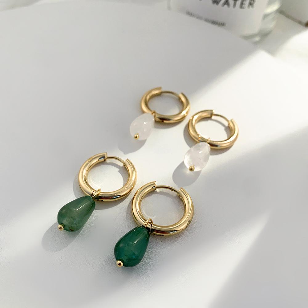 Vintage Transparent Green Natural Stones Teardrop Dangle Earrings for Women Simple Stainless Steel 18K Gold Plated Hoops Huggies