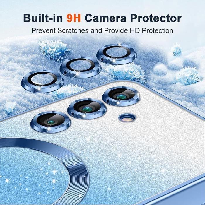 Coque et 2 verres trempés pour samsung galaxy s24 fe, silicone avec protection objectif et cercle magnétique - bleu pailleté