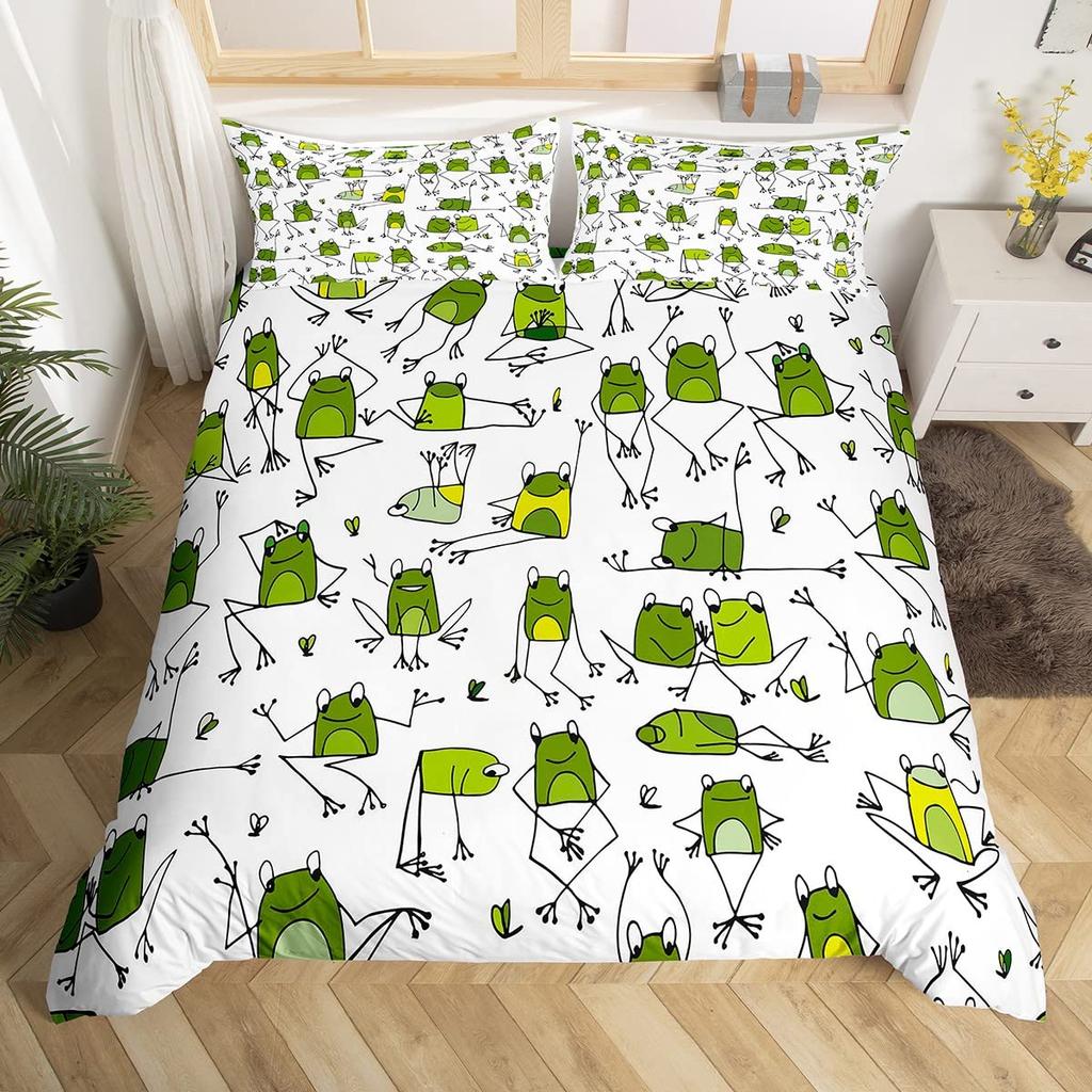 Frog Duvet Cover Cartoon Frog Bedding Set Full Size Cover Set for Women Teens Boys Kids Girls Gift Bedroom Decoration Queen Size