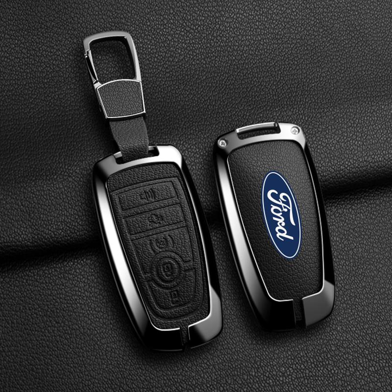 AAAMX1 Alloy Leather Car Key Fob Case Cover for Ford Fusion F150 F250 F350 F450 F550 Edge Explorer Escape Mustang 2018 2019 Protector