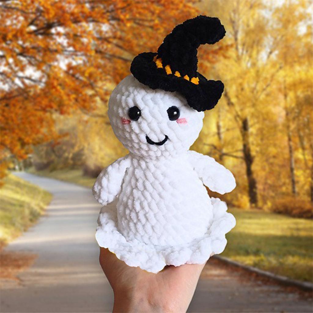 Ghost Plush Toy Witch Hat Handmade Crochet Doll Ornament Decoration Funny Halloween Doll Cute Ghost Desktop Ornament