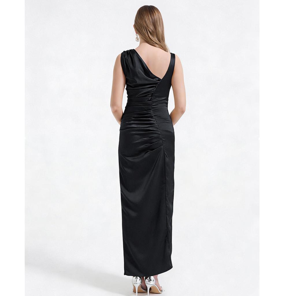 Summer New Arrival Acetate Satin Asymmetrical-Cut Bodycon Dress For Women Elegant One Shoulder Folds Splice Party Prom Dress