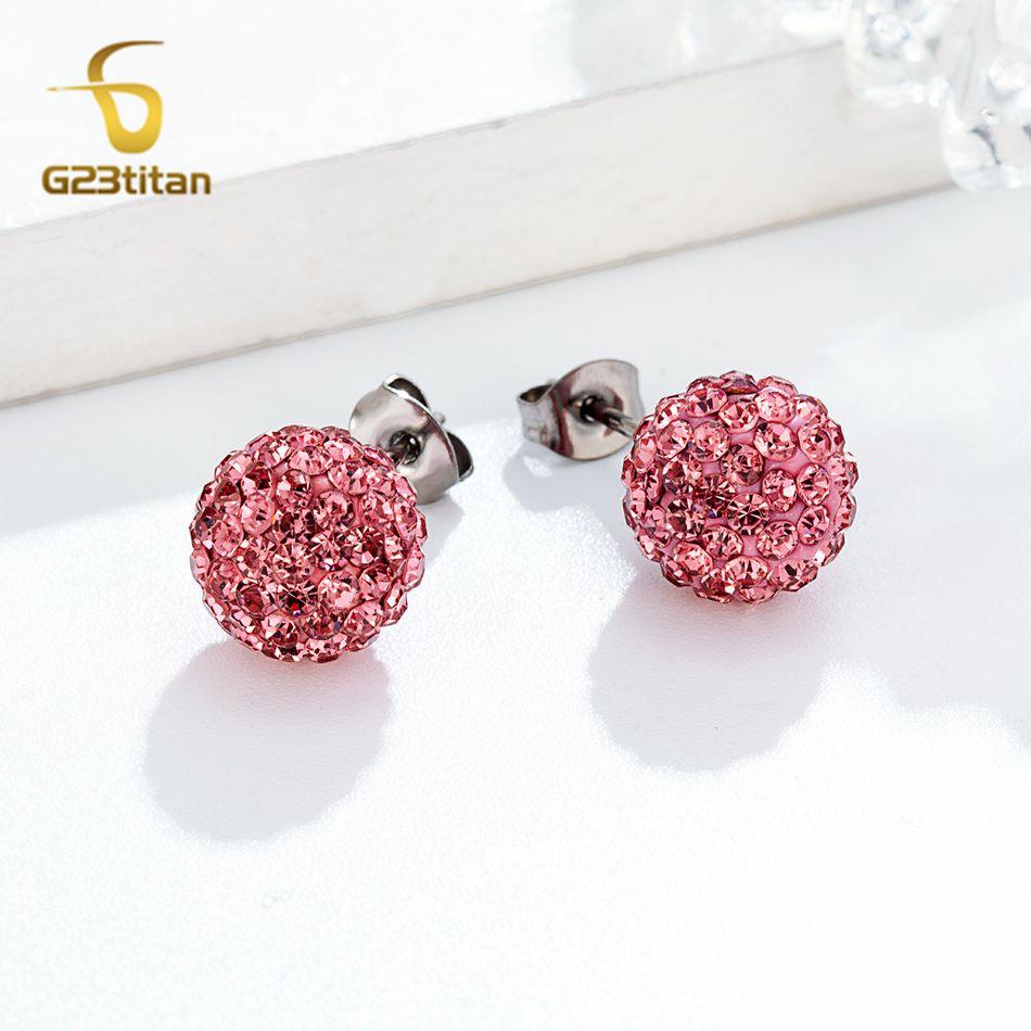 Colors Crystal Bead Polymer Clay Earrings G23 Titanium Ear Stud Micro Pave Rhinestone Disco Ball Hypoallergenic Piercing Zircon