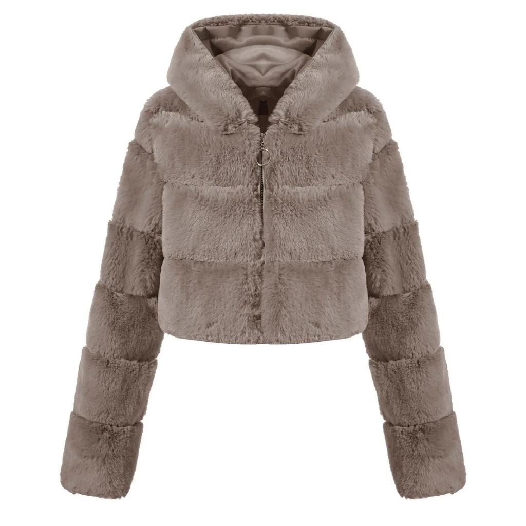 Y2k Streetwear Women Autumn Winter Faux Fur Coat Hooded Cropped Jacket Fur Coat Long Sleeve Cardigan Soft Tops Vintage Harajuku