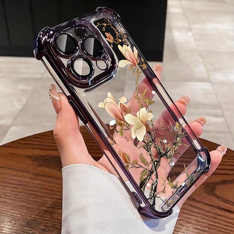 

Orchid-Themed Electroplated Airbag Transparent Phone Case For iPhone 16 Pro Max 15 14 Plus 13 12 11 17 Air 16E Soft Cover iPhone 12 Pro Max