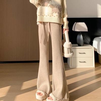 High Waist Ruffle Edge Knitted Wide Leg Pants for Women In Autumn New Vertical Pit Stripe Niche Floor Length Pants