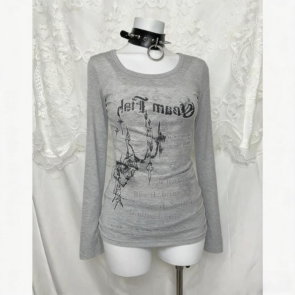 2000s American Vintage Gothic Black Women T-shirts Punk Style Graphic Grunge Tshirts Harajuku Y2k Long Sleeve Tops Streetwear