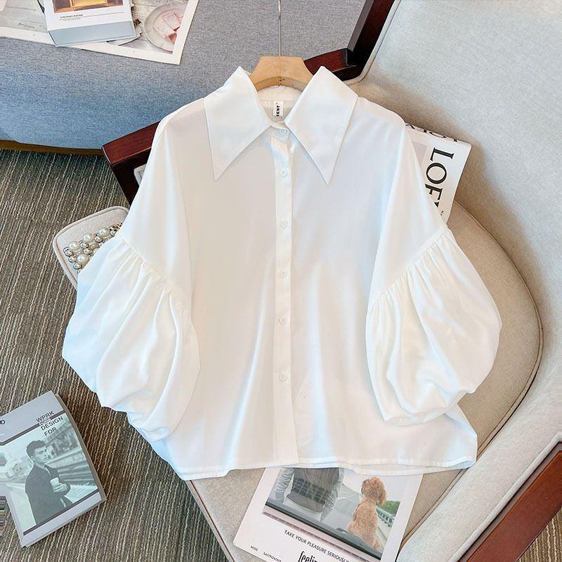 Women Shirt Solid Chiffon White Blouse for Women Loose Vintage Korean Shirts Single Breasted Lantern Sleeve Summer Tops