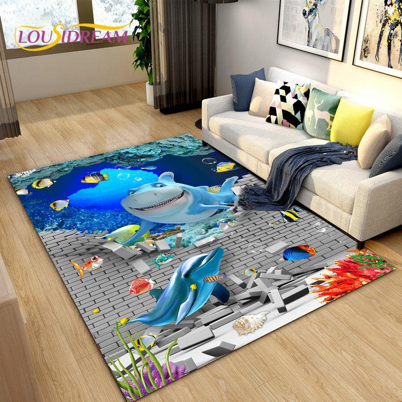 3D Seabed Illusion Underwater World Dolphin Shark Area Rug,Carpet Rug for Living Room Bedroom Sofa Doormat,Non-slip Floor Mat