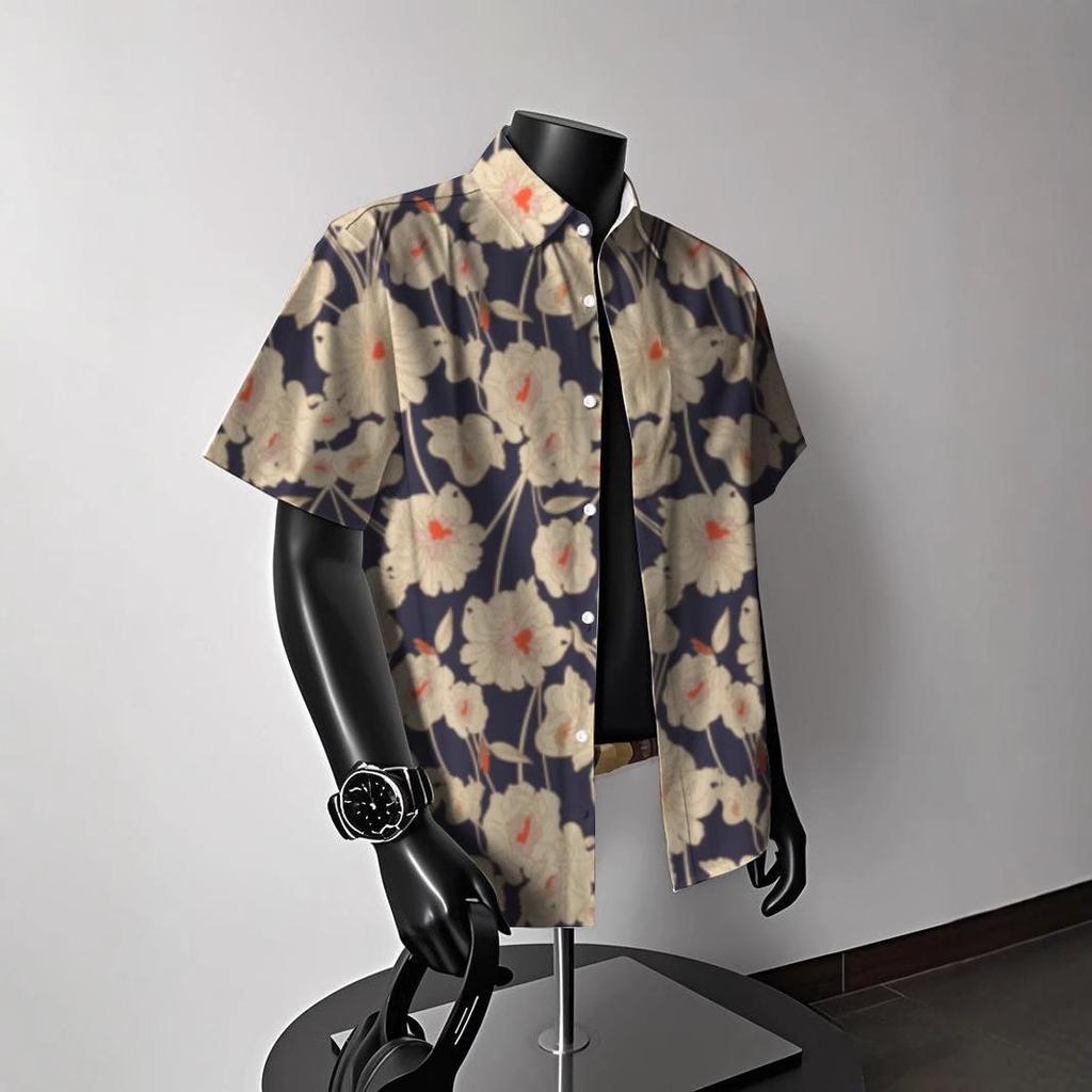 Men's Vintage Hong Kong-Style Hawaiian Floral Short-Sleeve Shirt: Trendy Summer Beachwear for Couples