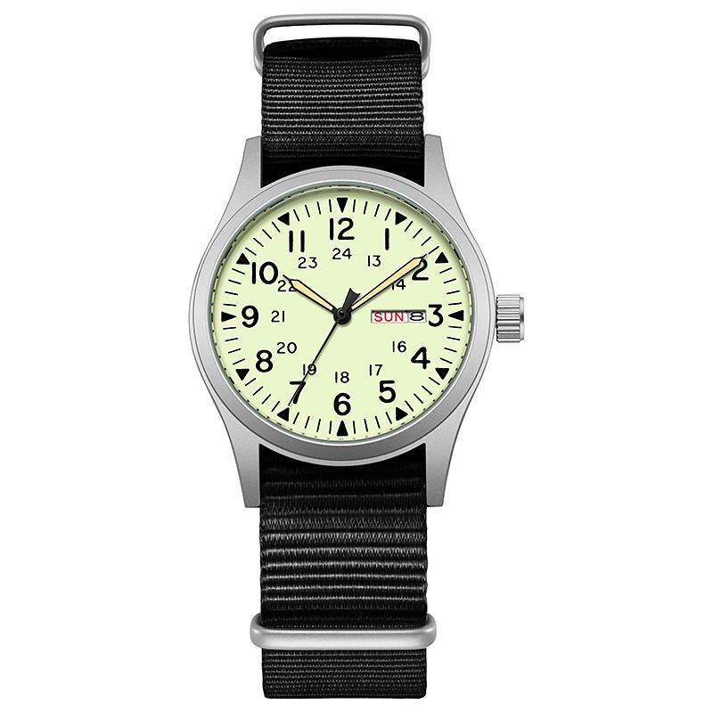 TPW Leuchtende 38mm Herren-Felduhr Leicht ablesbar Stoffarmband 24-Stunden-Anzeige Datum Wochentag Funktion Quarzwerk