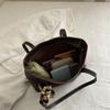 Women Vintage Pu Leather Tote Bag, Large Capacity Shoulder Handbag, Decorative Silk Scarf, Contrast Stitching, Office Work Daily Commuter Purse