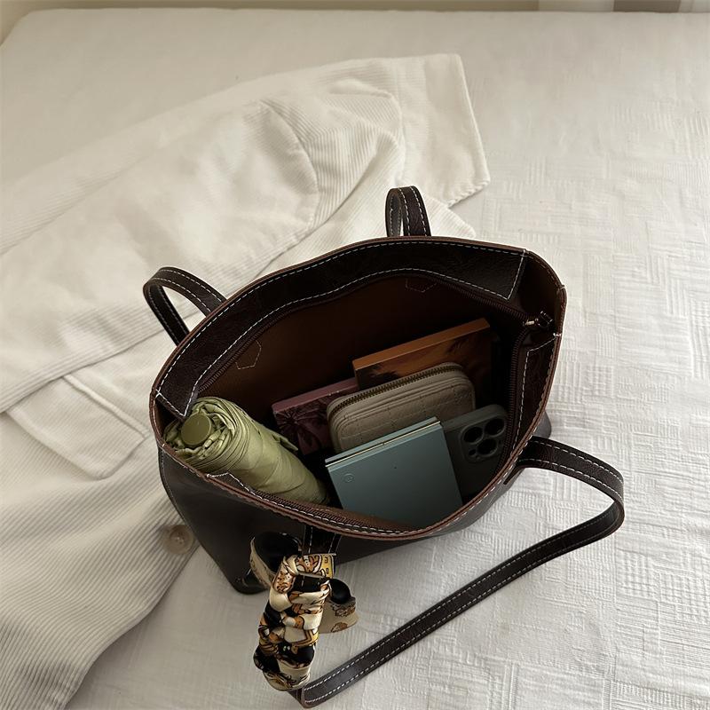 Women Vintage Pu Leather Tote Bag, Large Capacity Shoulder Handbag, Decorative Silk Scarf, Contrast Stitching, Office Work Daily Commuter Purse