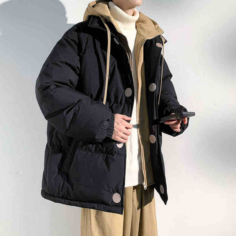Cotton clothes men's winter new casual loose hooded jacket fake two student windproof jacket top trendy