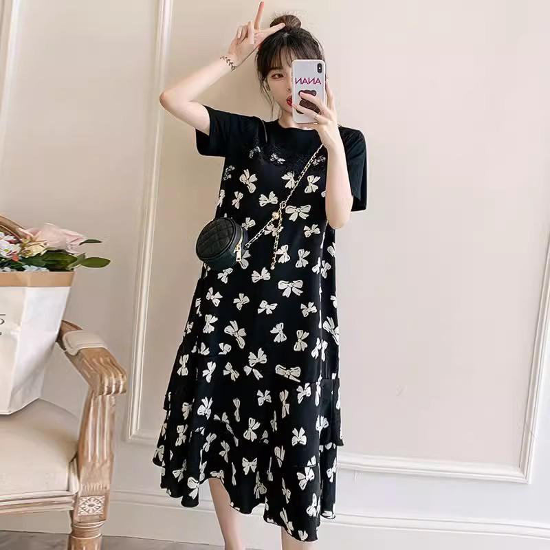 Plus Size Floral Cover-Belly Two-Piece Long Dress - Slim & Loose Fit for Summer