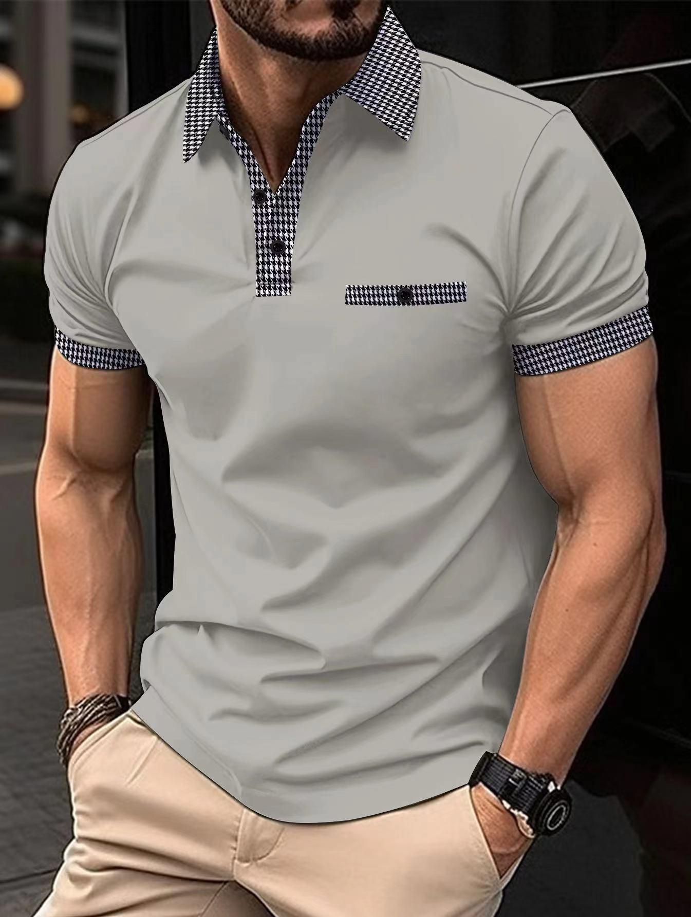 

Men s Short Sleeve Color Block Polo Shirt - European & American Summer Style S серый