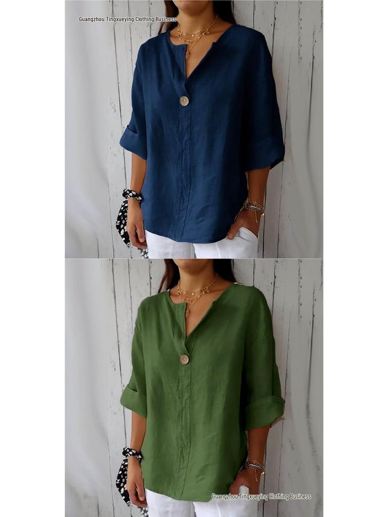 Europe & America Summer V-neck Women's Cotton Linen Button T-shirt