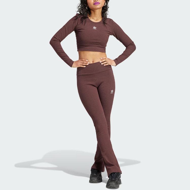 Adidas Originals Essentials Žebrované tričko s dlouhým rukávem Dámské topy Tmavě šedohnědé IJ5385