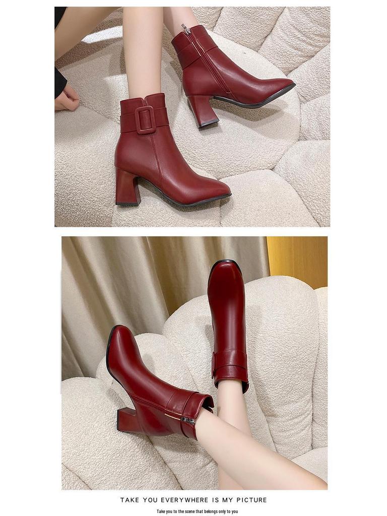 Damskie zimowe botki na klockowym obcasie ze skóry PU z bocznym zamkiem błyskawicznym, okrągłym noskiem i sztuczną pluszową podszewką