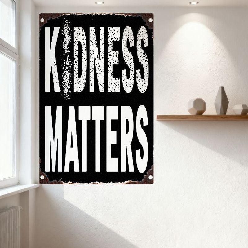 KINDNESS MATTERS Distressed Metal Tin Sign Rustic Vintage Wall Plaque with Rivets, Splattered 'I' Design for Home Office Café Ba