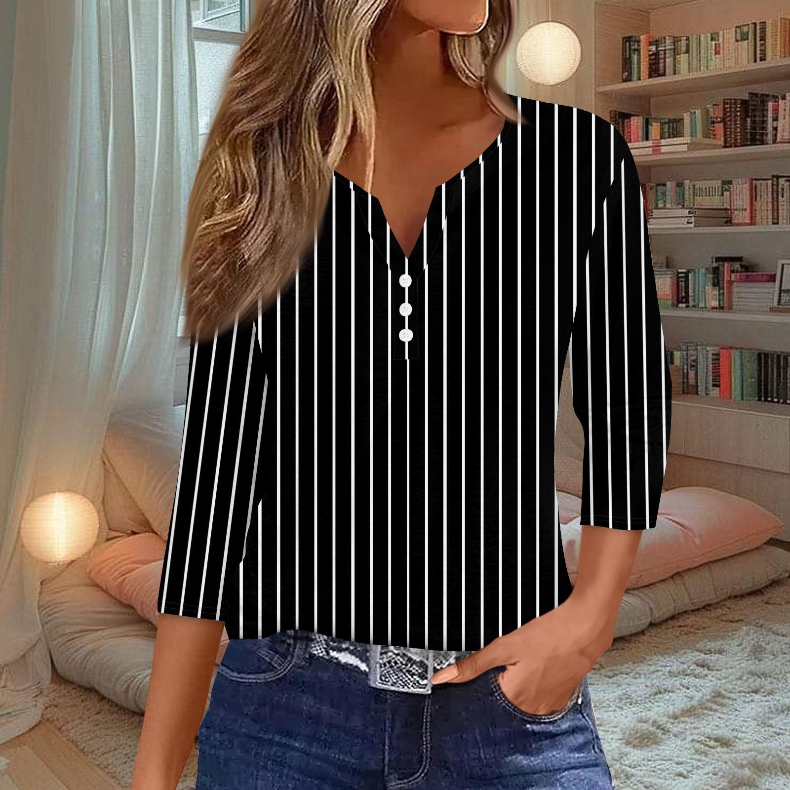

Женская мода Повседневная полосатая футболка с v-образным вырезом и декоративными пуговицами с рукавом три четверти Топ L чёрный