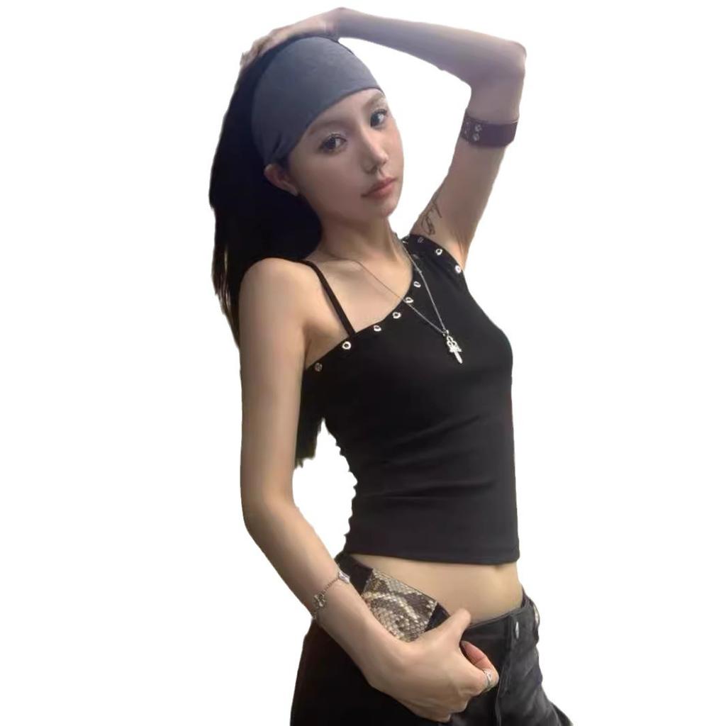 American Spice Girl Black Oblique Shoulder Suspender Vest Women's Summer Niche Design Sense Slim Short Off-Shoulder Top Outside Wear
