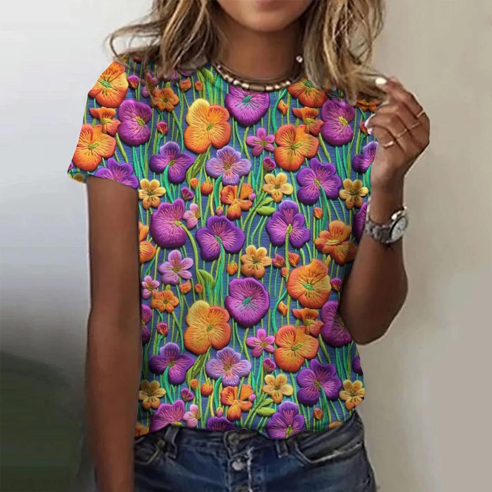 New Colorful Floral T-shirt, 3D Floral Print, Women's Summer Round Neck Short Sleeved T-shirt, Harajuku Y2K T-shirt, T-shirt, Women's Clothing