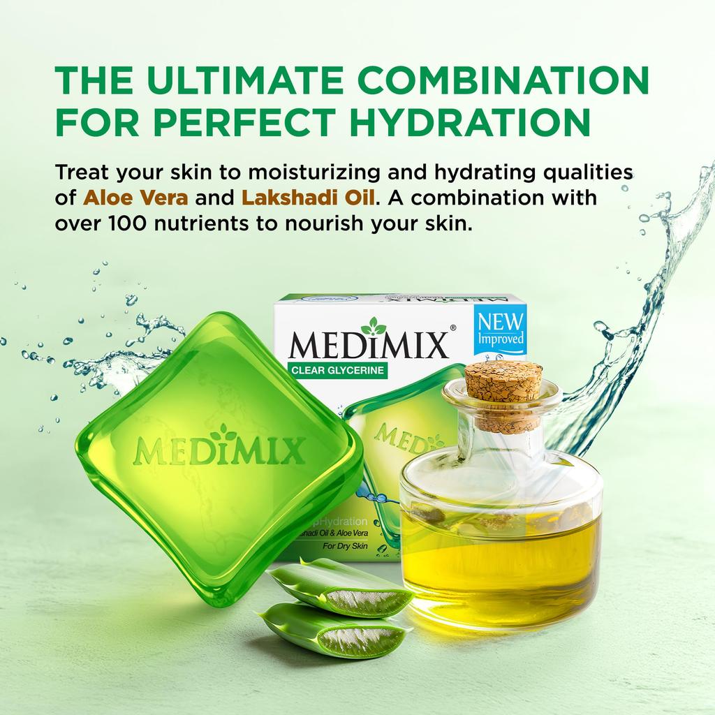 Medimix Clear Glycerine Bathing Bar Soap for Dry Skin 100g (3 + 1 Combo Pack) | Infused with Lakshadi Oil & Aloe Vera | Effective for Dry Skin