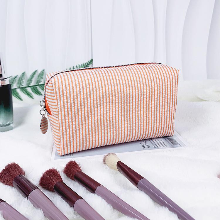 Seersucker Makeup & Toiletry Bag: Large Capacity, Embroidered, Striped Travel Clutch