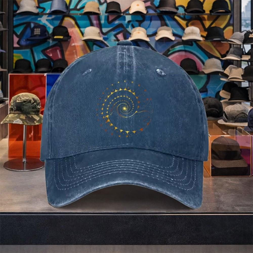 Golden Spiral Pattern Washed Denim Baseball Cap Adjustable Sun Hat Unisex Outdoor Travel Accessory