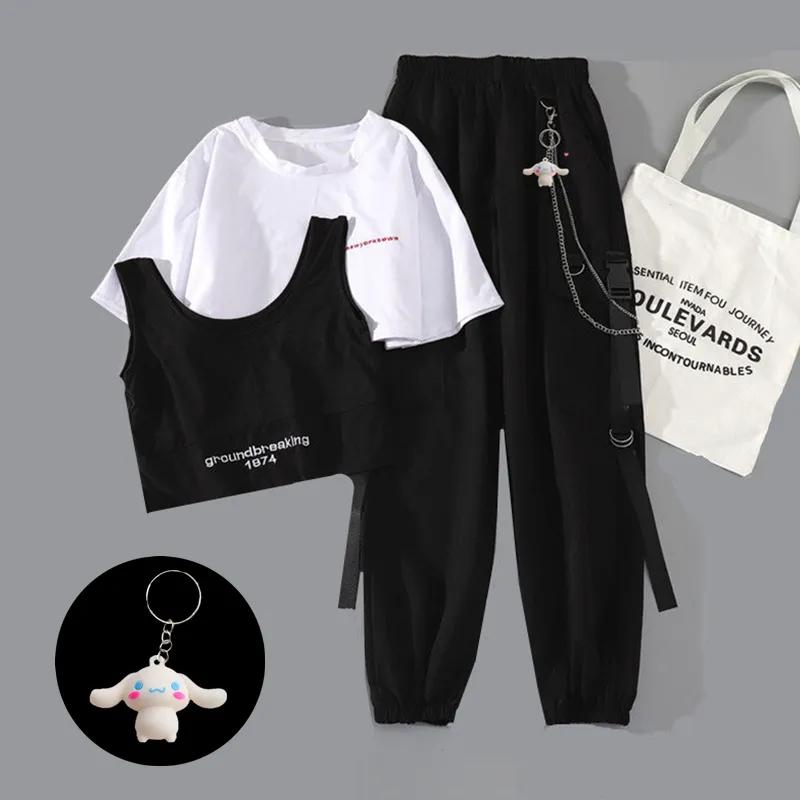 

Women s Summer Korean-Style Set: Super Cool and Stylish Short Top + Workwear-Style Loose-Fit Hip-Hop Pants XXS