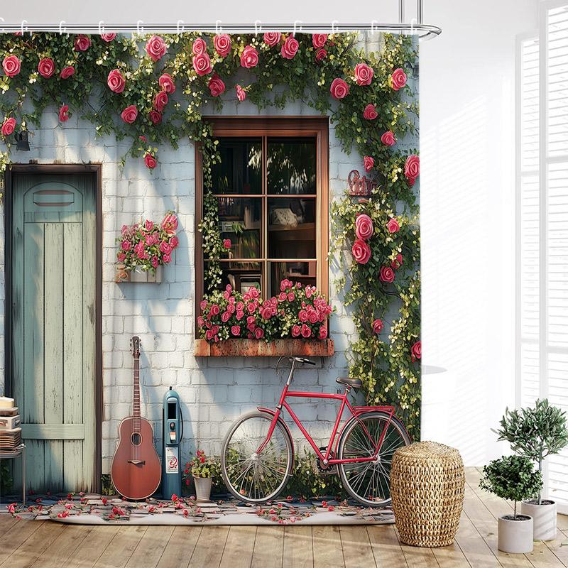 Vintage Italian Street Shower Curtain Arch Architecture Floral Plant Scenery Fabric Home Bathroom Decor Bath Curtains With Hooks