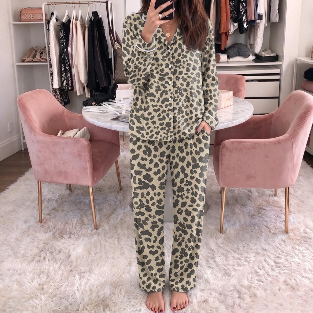 Women's pajamas fashion print long sleeve button-up top pocket pants home casual notch collar V-neck two-piece set