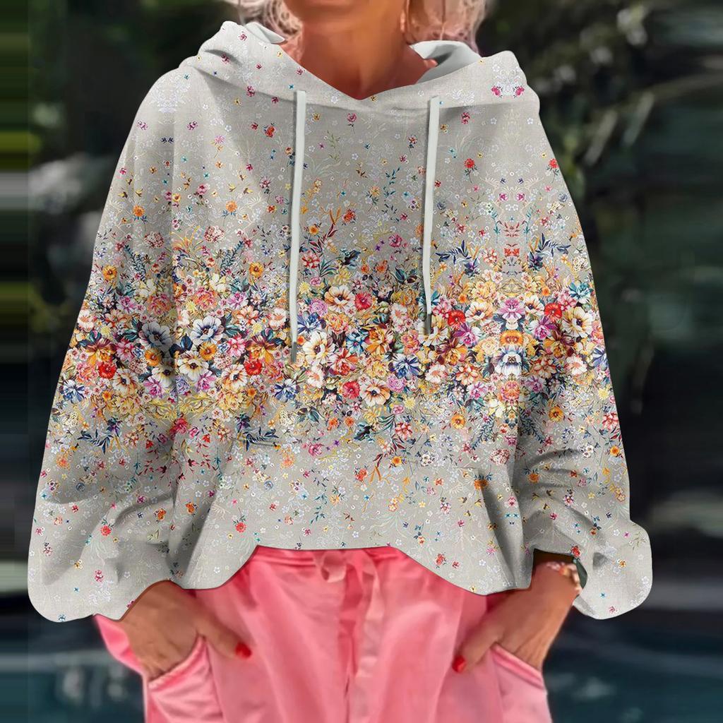 Dame Blomstermønstret Løs Casual Langermet Hettegenser