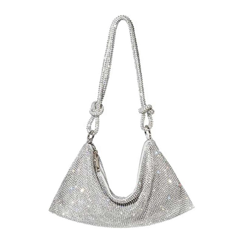 Hobo Bags Underarm Bag Chic Clutch Bags Modern Chain Tote Zipper Handbag Alexander Sparkling Hobo Bags  Silver
