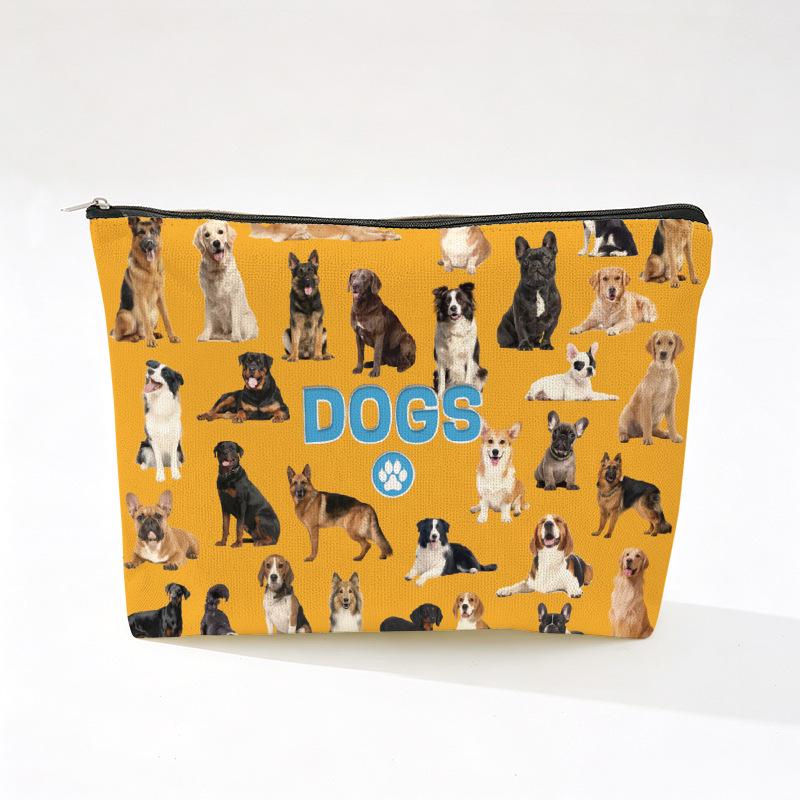 Cute Dog Print Linen Makeup Bag - Wear-Resistant & Portable Storage with Zipper