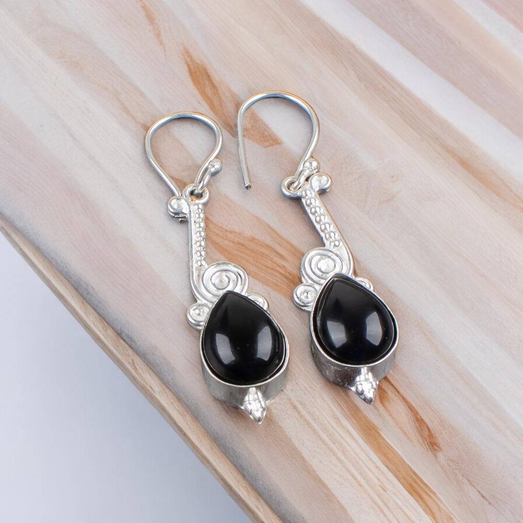 Authentic Black Onyx Gemstone 925 Sterling Silver Artisan Jewelry Earrings 2.10" EE-37-26