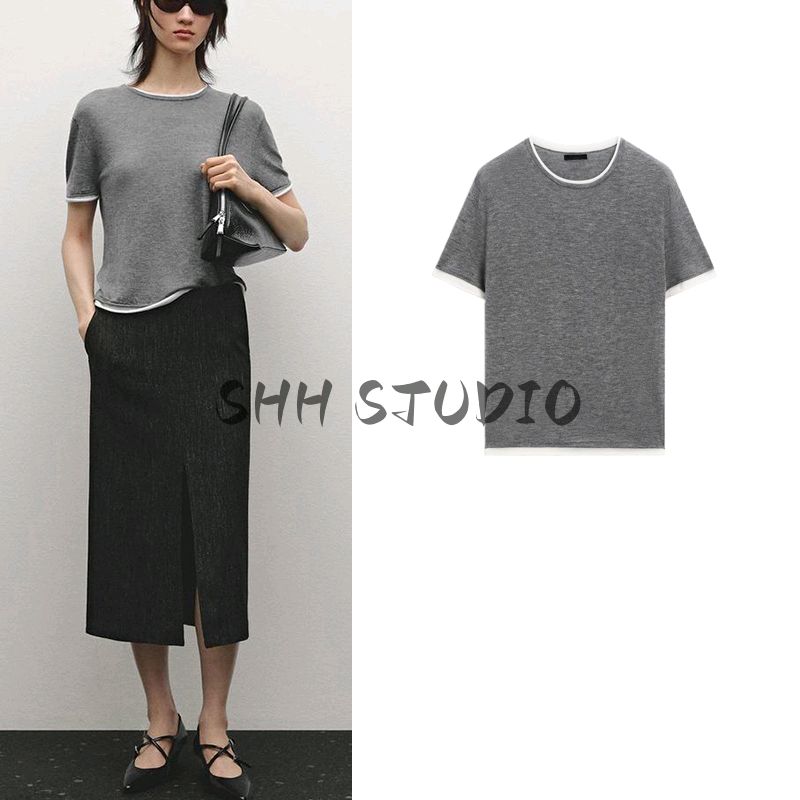MD Spring/Summer New Arrival Women's Clothing Basic Style Casual Style Fake Two-Piece round Neck Short Sleeve Knitting T-shirt Tops 5635623