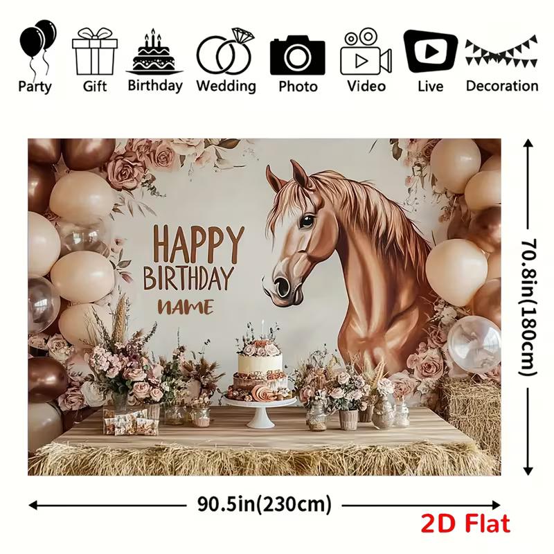 2D Cowgirl Party with Brown Horse and Flowers Backdrop Photography Background Banner