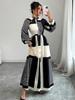 Elegant Black & White Color Block Print Flowy Dress for Women - Loose, Casual, Single-Breasted Design.