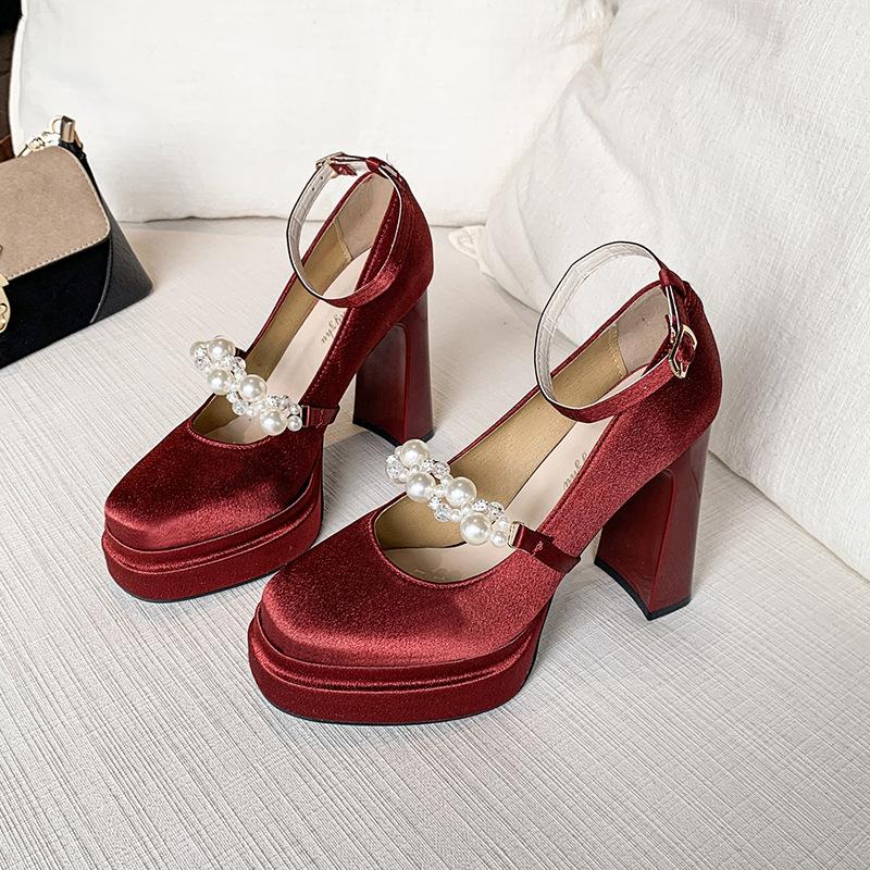 French high heels square head one-word buckle fashion shoes thick heel spring and autumn new single shoes 11cm 2025 waterproof tai xian