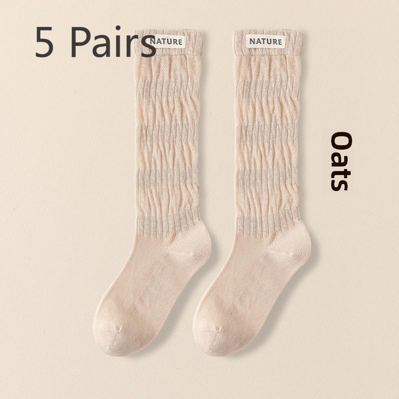 5 Pairs Women's Long Spring and Autumn Thin Boneless Cotton Mesh Slim Pile Summer Long Calf Socks