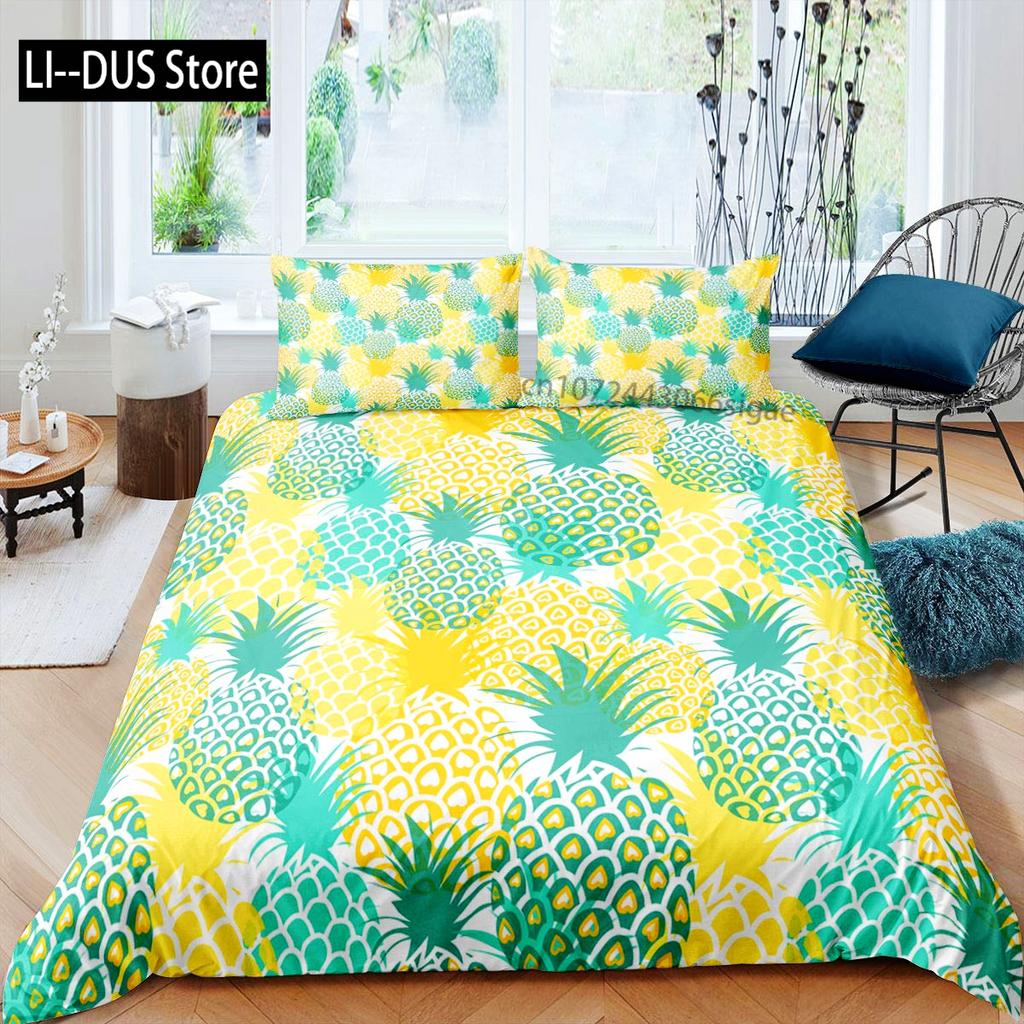 Pineapple Duvet Cover Set Tropical Theme Vintage Style Fruit Pattern Decor 3 Piece Bedding Set with 2 Pillow Shams Full Size