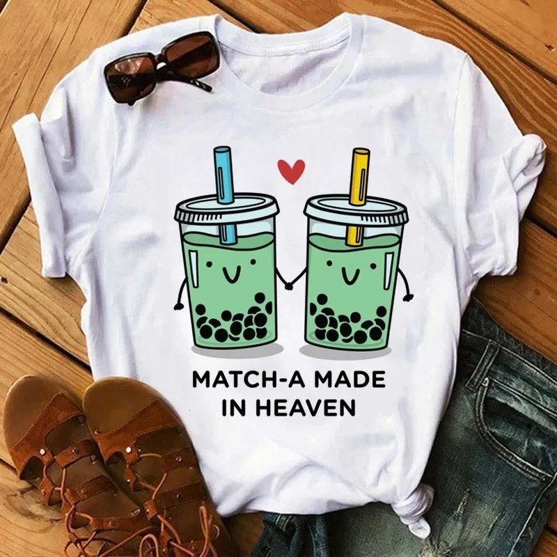 Kawaii Cartoon Milk Tea Printed T Shirt Women Fashion T Shirt Casual Tops 90s Girls Ladies Female Short Sleeve Cute Graphic Tee