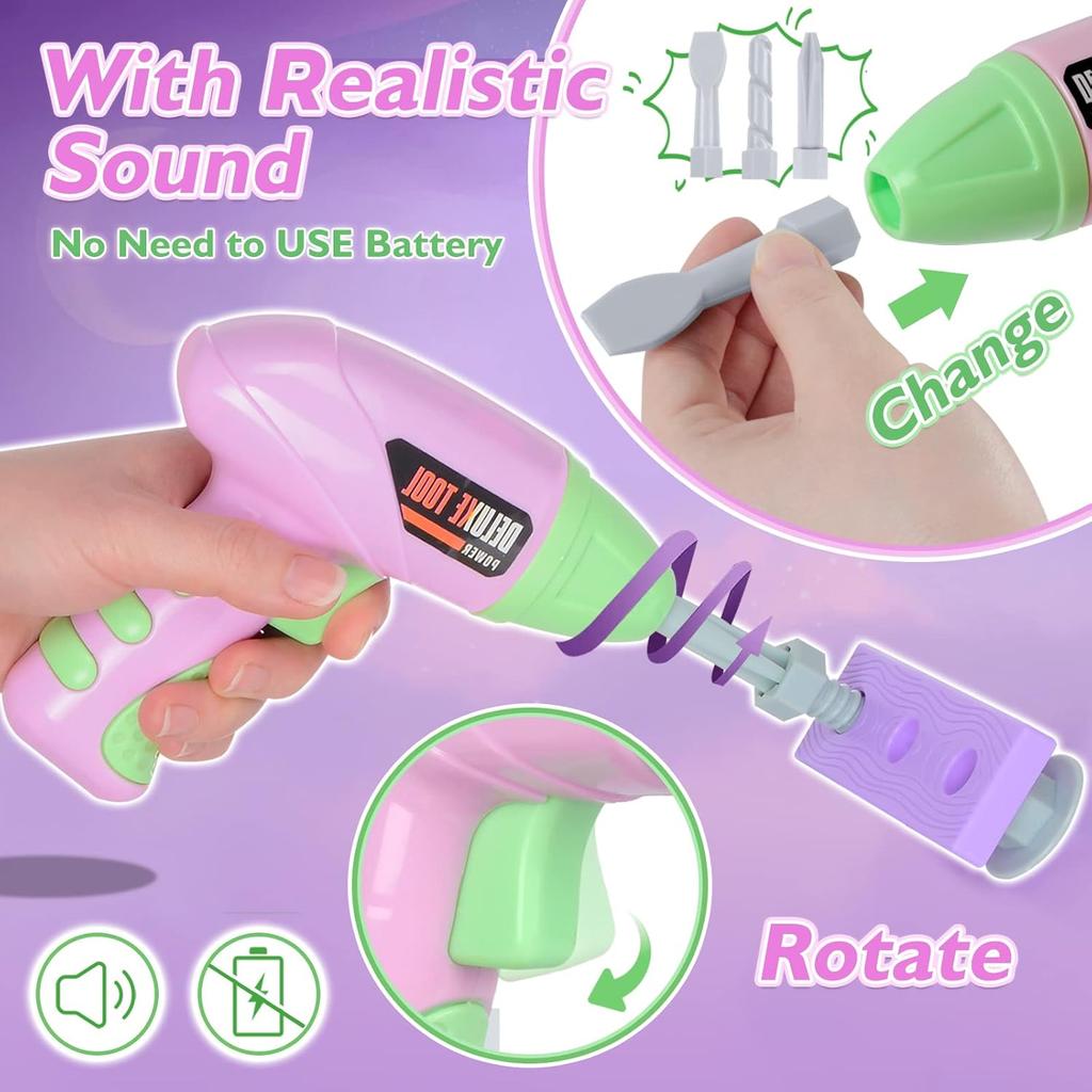 Kids Tool Set with Toy Drill and Tool Box, Pretend Play Construction Tools Toy Gifts for Toddlers Girls Kids Aged 3 4 5 6 7