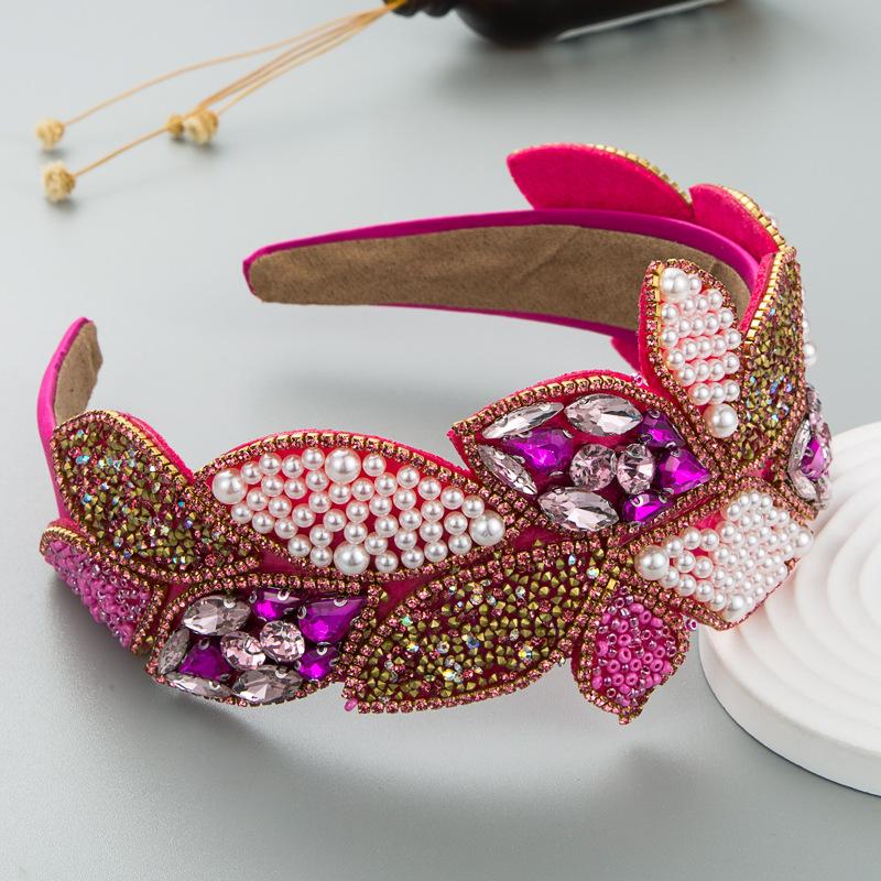 

Женская повязка для волос со стразами и жемчужными листьями, повязка на голову в стиле барокко, увеличенная широкая боковая повязка, преувеличенные аксессуары для волос OneSize розы красного