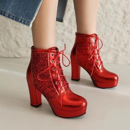 Autumn New Women Chunky High Heels Bling Party Ankle Chelsea Boots Gold Silver Red Black Big Size 34-48