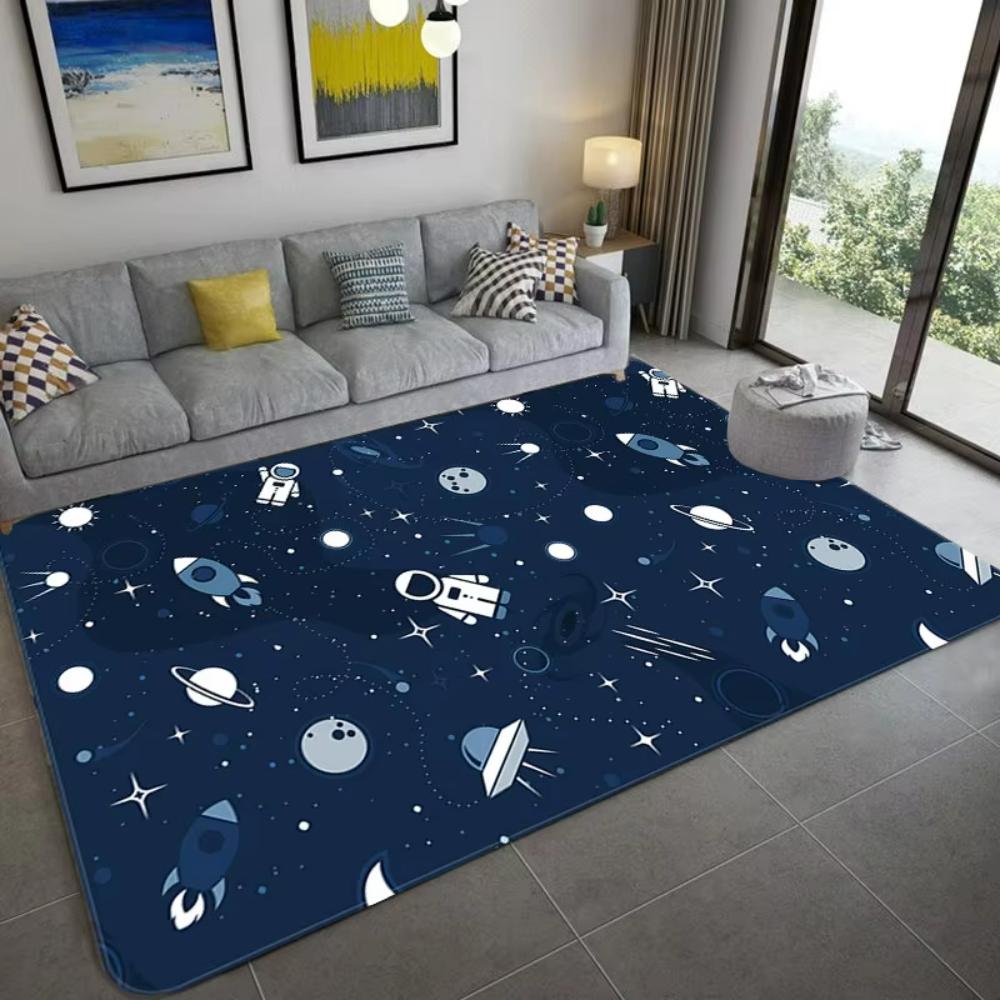 Cartoon Universe Design Childrens Rug Interactive Play Mat for Bedroom Living Room Planet Themed Soft Floor Carpet Decor Gift