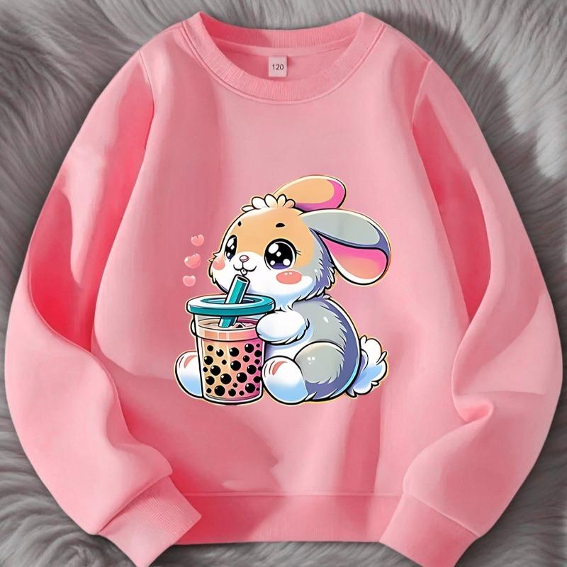 Kids Cartoon Rabbit Print Crewneck Long Sleeve Sweatshirt, Cute Fashion New Outfit for Autumn